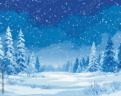 Zimowy krajobraz z padającym śniegiem i drzewami, malowany w stylu akwareli.