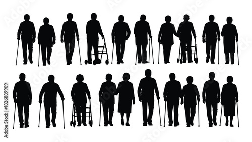 Elderly people silhouettes with walking aids isolated on white background, Vector