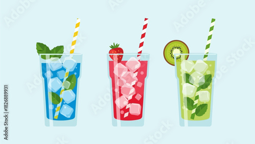 Refreshing cold beverages with ice, mint, fruits, and colorful straws, perfect for a summer day