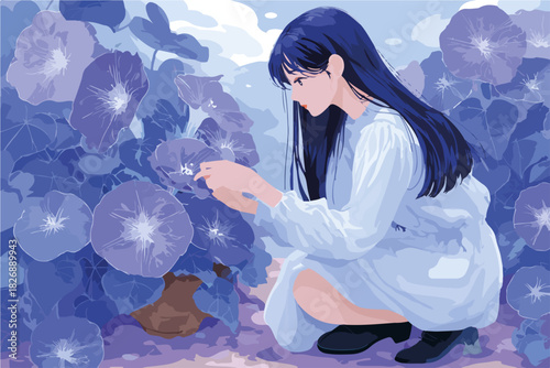 Młoda dziewczyna w białej sukience pochyla się nad krzakiem kwitnących, niebieskich powojników w letni dzień.