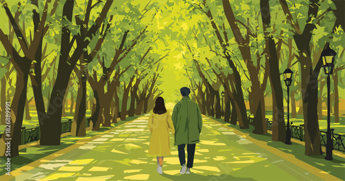 Para zakochanych spaceruje aleją obsadzoną drzewami w słoneczny, wiosenny dzień, wektorowa ilustracja.