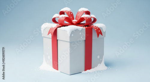 Elegant white gift box with a vibrant red ribbon, bow, and snowy details, perfect for christmas, new year, and holiday celebrations on a light blue background.