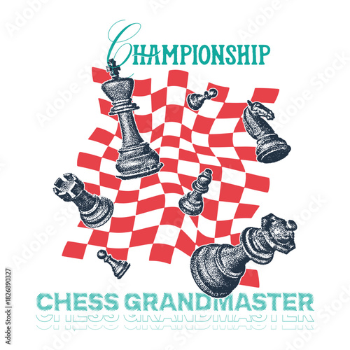 Minimalist Chess Piece Line Art T-Shirt Print, chess abstract art painting, Chess vintage modern art painting Design, Chess vintage illustration. Vintage Grunge Chessboard Apparel T-Shirt Print Design