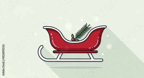 Christmas sleigh illustration with fir branch and holly berries, winter holiday celebration concept, festive season graphic design element