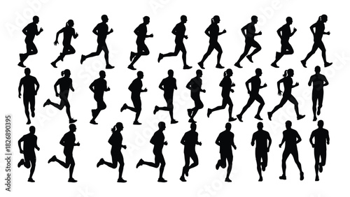 Running people silhouettes isolated on white background, Vector