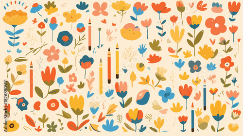 Zestaw kolorowych, stylizowanych wektorowych kwiatów i ołówków, idealny do projektowania graficznego.