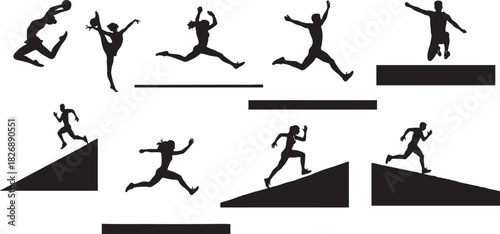 Silhouetted figures performing various leaping and jumping actions on obstacles