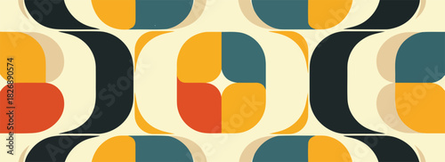 Abstrakcyjny geometryczny wzór retro w stylu mid-century z ciepłymi jesiennymi kolorami i zaokrąglonymi kształtami.