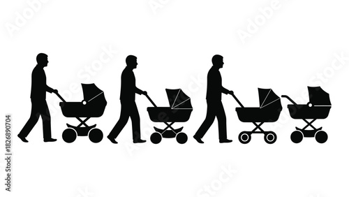 Man pushing baby stroller silhouettes isolated on white background, Vector