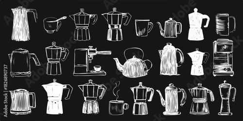 Zbiór ręcznie rysowanych wektorowych ekspresów do kawy, czajników i kubków w stylu kredowym na czarnym tle.