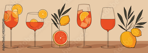Wektorowy zestaw koktajli Aperol Spritz w kieliszkach z dodatkami cytrusowymi i dekoracjami.