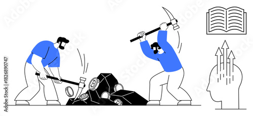 Teamwork concept. Teamwork illustrated with workers using sledgehammers and pickaxes. Teamwork s strength, productivity, and collective effort. Ideal for leadership, growth, team building