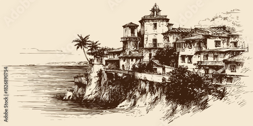Rysunek tuszem zabytkowej wioski nadmorskiej z palmami i klifem, styl szkicowy.