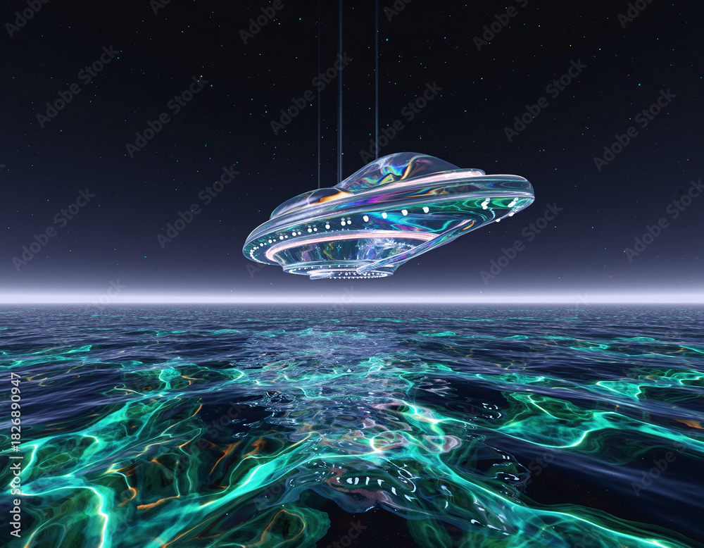 Obraz premium Otherworldly scene featuring a iridescent UFO suspended above luminous, vibrant ocean waters under a starry sky. Ideal for scifi, mystery, or futuristic themes.