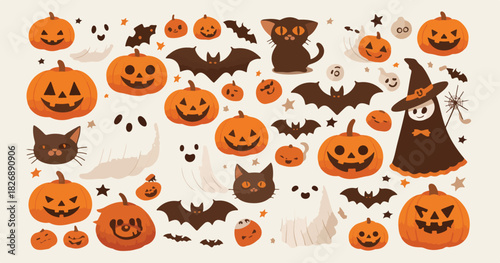 Wektorowa kolekcja uroczych halloweenowych dyni, duchów, nietoperzy i czarnych kotów, idealna do jesiennych dekoracji i projektów.