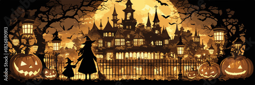 Mroczna sylwetka nawiedzonego zamku na tle pełni księżyca z czarownicami, dyniami i nietoperzami, idealna na Halloween.