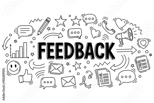 Doodle feedback concept with communication icons and symbols