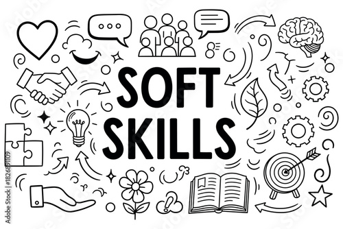 Soft skills icons and concepts illustration with communication and teamwork symbols
