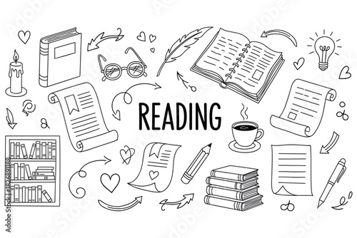 Illustrated reading elements: books, glasses, coffee, and pens in black and white doodles