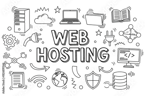 Doodle art illustrating web hosting concepts with servers and devices