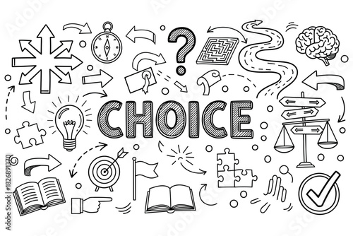 Doodle art of decision-making symbols and icons featuring arrows and scales