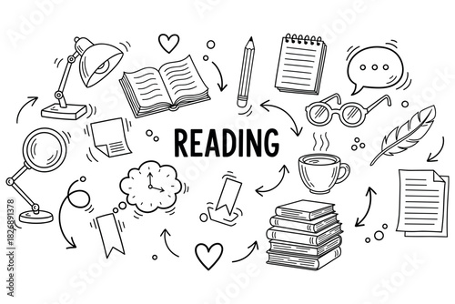 Doodle art of reading elements: books, coffee, glasses, lamp, pen, magnifying glass, notebook