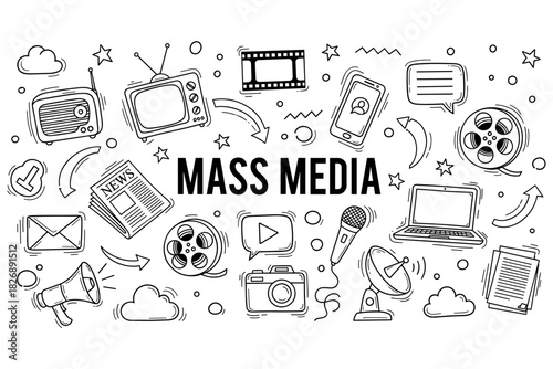 Mass media icons: radio, television, film, news, communication technology