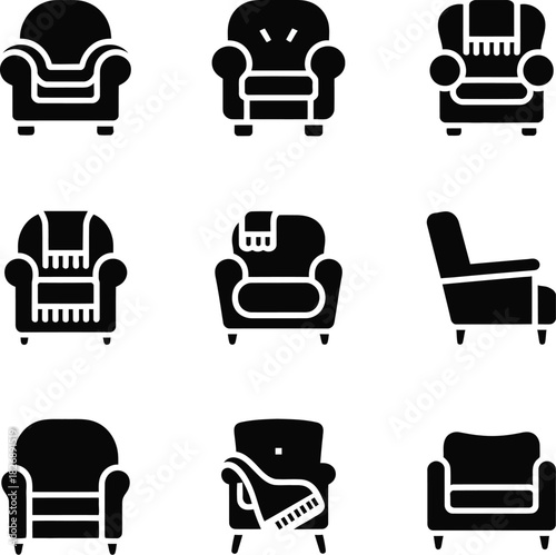 Armchair Icons Set Various Poses and Styles with Throws vector