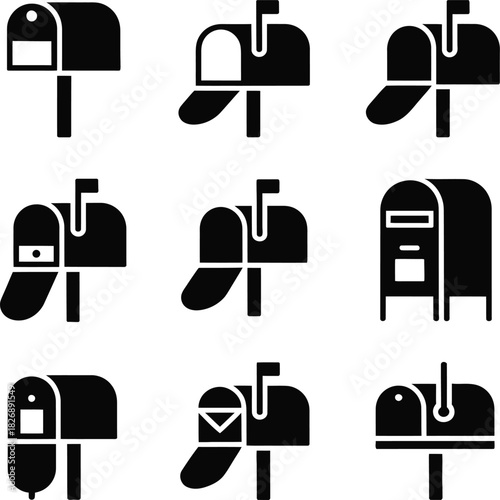 Collection of Black Silhouette Mailbox Icons on White Background post delivery