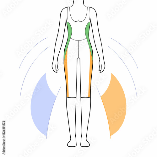 Diagram of human body with highlighted areas and motion arcs