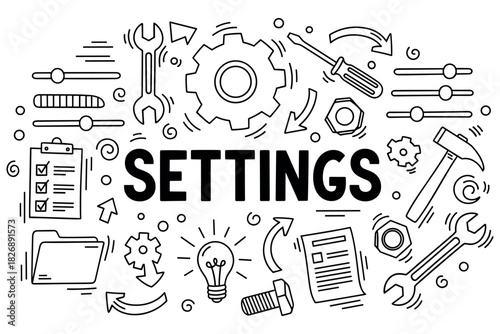 Settings icon concept with tools and gears doodle design