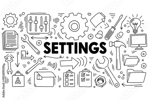 Settings tools and icons in hand-drawn style for digital interface and device management