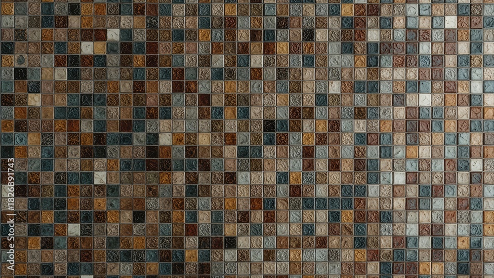 Fototapeta premium A mosaic of small square tiles in various shades of brown, beige, blue, and gray arranged in a grid pattern.