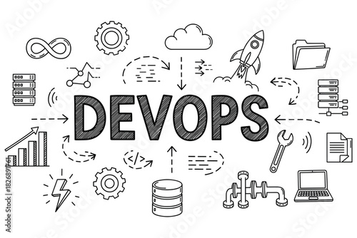 Devops concept with icons: cloud, rocket, code, tools, workflow in black and white