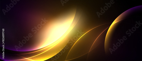 Abstract design features flowing curves, vibrant colors. Gold, purple hues blend creating dynamic visual effect. Smooth gradients dominate composition.