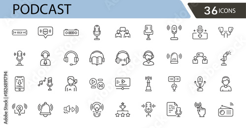Podcast related icons set including microphone, audio, recording, headphones, sound waves, studio, hosting, streaming, and episodes. Outline icons.