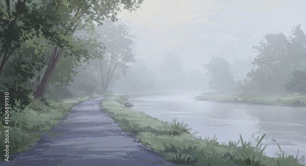 Naklejka premium Tranquil waterside path winds through a heavily misted natural landscape during early morning hours