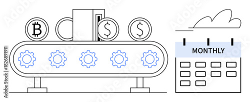 Conveyor belt transferring cryptocurrency and currency coins, gears in motion, monthly calendar. Ideal for finance, automation, scheduling, planning, cryptocurrency budgeting and fintech. Simple