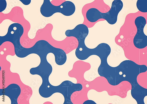 Abstrakcyjny wektorowy wzór kamuflażu z płynnymi, organicznymi kształtami w różu, granacie i kremie, idealny na tło lub modny projekt graficzny.
