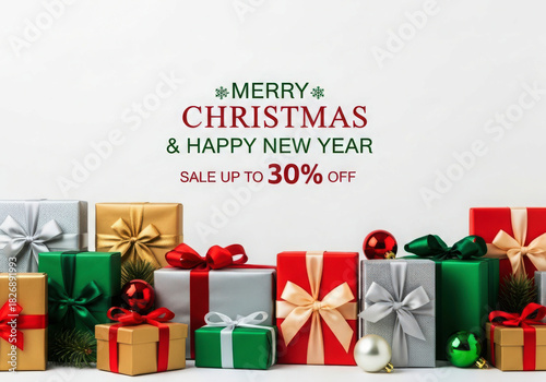 Christmas and new year sale with colorful gift boxes and ornaments