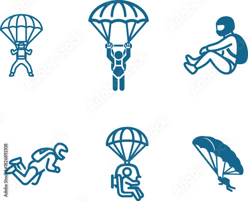 Collection of parachuting icons depicting skydivers in various poses and stages of freefall and descent with parachutes open illustrating extreme sports