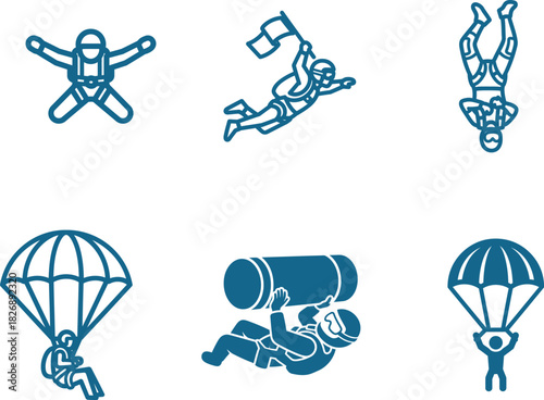 Skydiving and Parachuting Adventure Icons Set Featuring Diverse Skydivers in Various Poses and Holding a Flag Providing Dynamic Imagery for Extreme Sports and Recreational Pursuits Designs