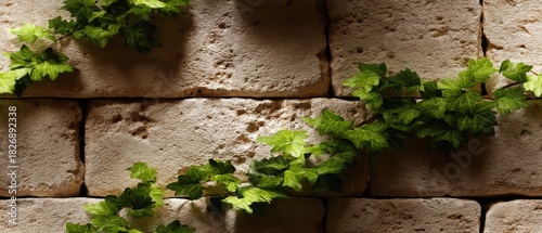 Ancient stone wall with ivy and purple flowers offering a rustic background for garden or architectural design