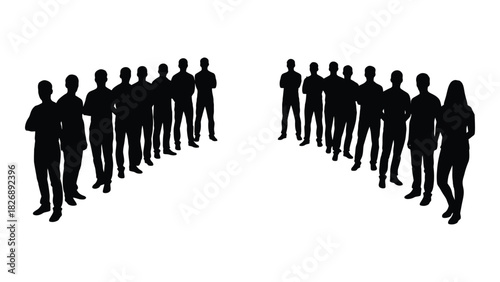 Groups of silhouettes facing each other isolated on white background, Vector