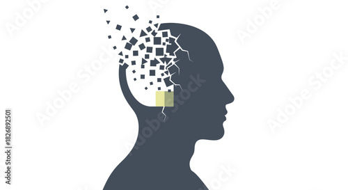 Abstract representation of a human head dissolving into fragmented squares symbolizing memory loss or cognitive decline.