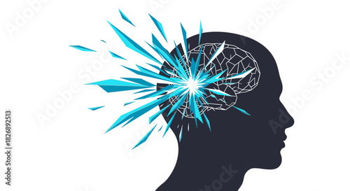 Explosion of blue geometric shards erupting from a stylized human head silhouette showing a brain.