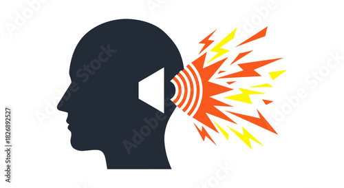 Illustration of a human head profile with a loud sound wave emanating from the ear, symbolizing noise pollution or auditory overload.