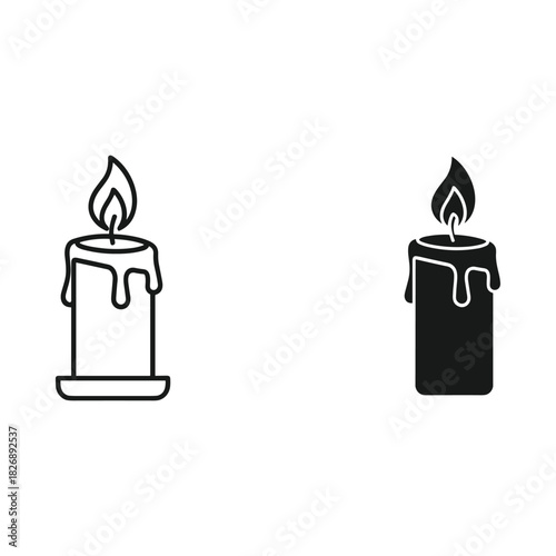 Two stylized candles one outlined and one solid black with burning flames