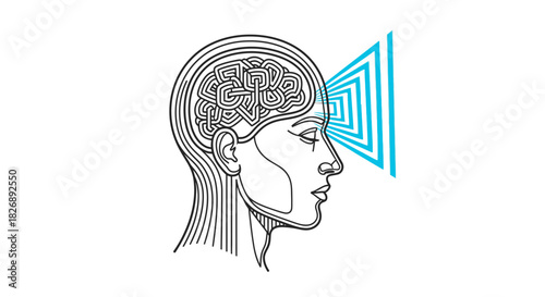 Abstract illustration of a human head with a detailed brain and a visual perception effect emanating from the eye.