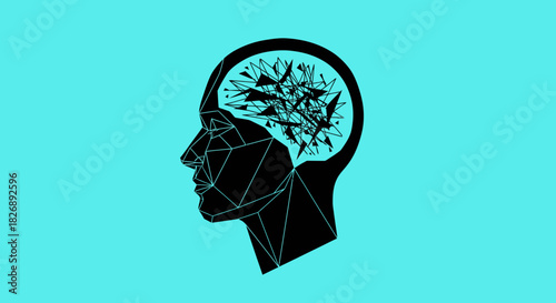 Abstract geometric human head profile with shattered fragmented brain symbolizing mental health crisis or cognitive breakdown.